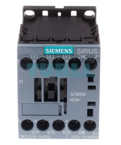 Siemens 3RT2015-1AP02 SIRIUS contactor, front view with coil and auxiliary-contact markings