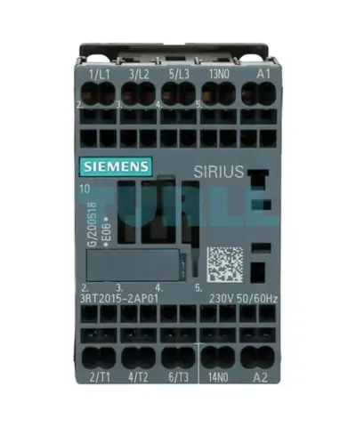 Siemens 3RT2015-2AP01 SIRIUS contactor, front view with coil and auxiliary-contact markings