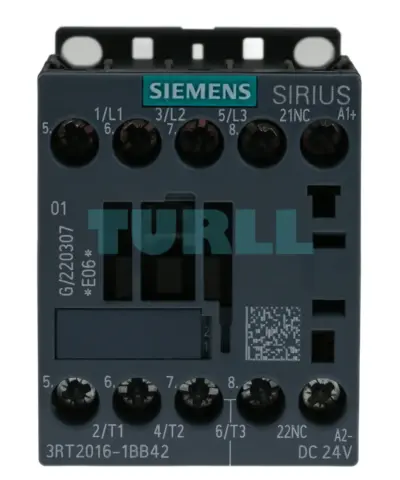Siemens 3RT2016-1BB42 SIRIUS contactor, front view with coil and auxiliary-contact markings