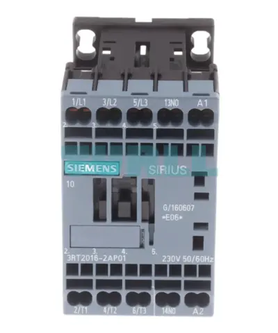 Siemens 3RT2016-2AP01 SIRIUS contactor, front view with coil and auxiliary-contact markings