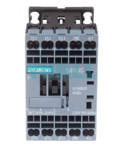 Siemens 3RT2016-2AP02 SIRIUS contactor, front view with coil and auxiliary-contact markings