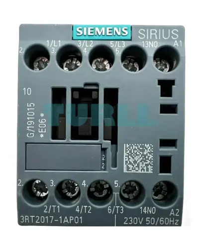 Siemens 3RT2017-1AP01 SIRIUS contactor, front view with coil and auxiliary-contact markings