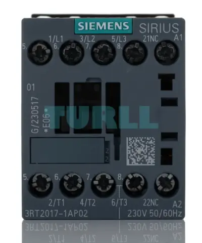 Siemens 3RT2017-1AP02 SIRIUS contactor, front view with coil and auxiliary-contact markings