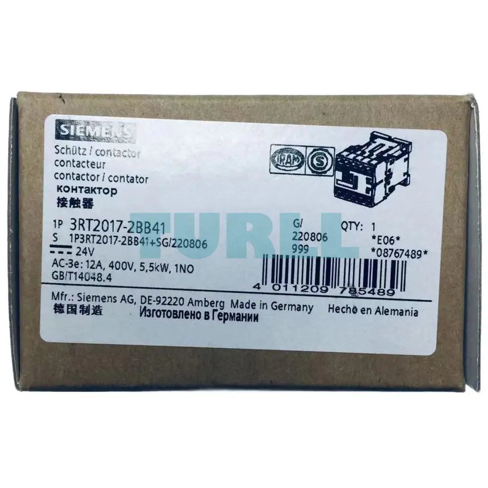 Siemens 3RT2017-2BB41 Power Contactor 12A, 3-Pole, 24V DC, AC-3e, 5.5kW, S00 Original Brand New 6 Siemens 3RT2017-2BB41 Power Contactor 12A, 3-Pole, 24V DC, AC-3e, 5.5kW, S00