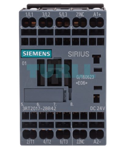Siemens 3RT2017-2BB42 Power Contactor 12A, 5.5kW, 3-Pole, 24V DC, 1NC, Size S00