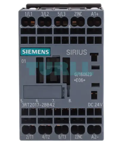 Siemens 3RT2017-2BB42 SIRIUS contactor, front view with coil and auxiliary-contact markings