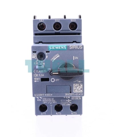 Siemens 3RV2011-0CA10 S00 Motor Protection Circuit Breaker, CLASS 10, 0.18-0.25A N-Release, 3.3A