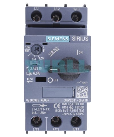 Siemens 3RV2011-0FA10 Motor Protection Circuit Breaker, Size S00, CLASS 10, 0.35–0.5 A