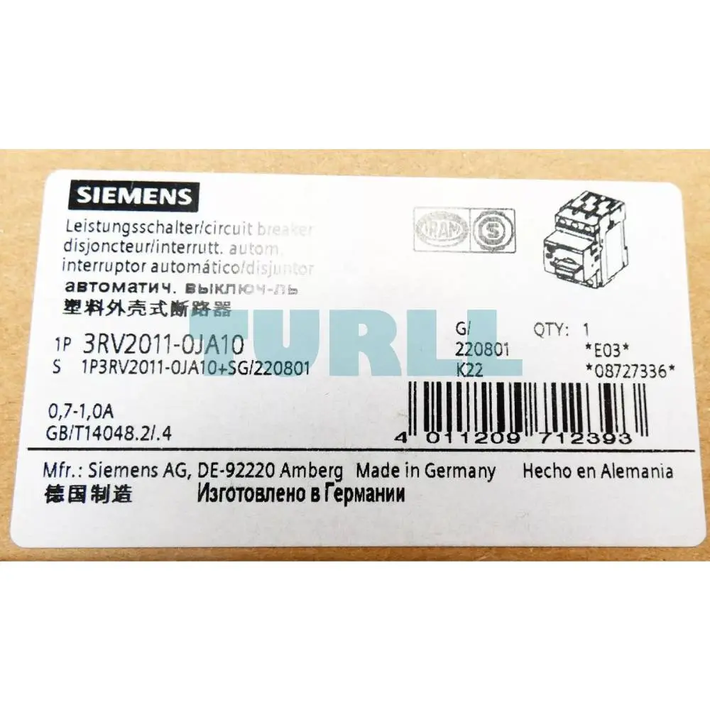 Siemens 3RV2011-0JA10 Circuit Breaker, S00 for Motor Protection, CLASS 10 A-Release Original Brand New 4 Siemens 3RV2011-0JA10 Circuit Breaker, S00 for Motor Protection, CLASS 10 A-Release