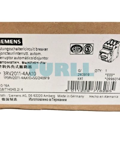 Siemens 3RV2011-4AA10 Circuit Breaker, S00, Motor Protection, CLASS 10, 10-16