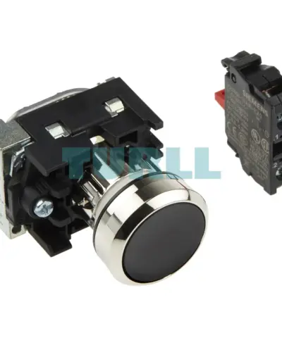 Siemens 3SU1150-0AB10-1CA0 Pushbutton, 22mm Round Metal Black, Flat Momentary Switch with Holder