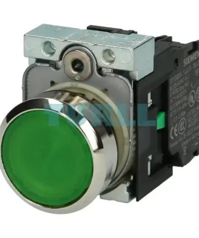 Siemens 3SU1152-0AB40-1BA0 Illuminated Green Pushbutton, 22mm, Metal, Flat Momentary Contact