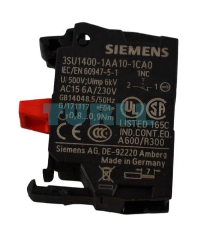 Siemens 3SU1400-1AA10-1CA0 Contact Module, 1 NC Contact, Screw Terminal, Front Plate Mounting