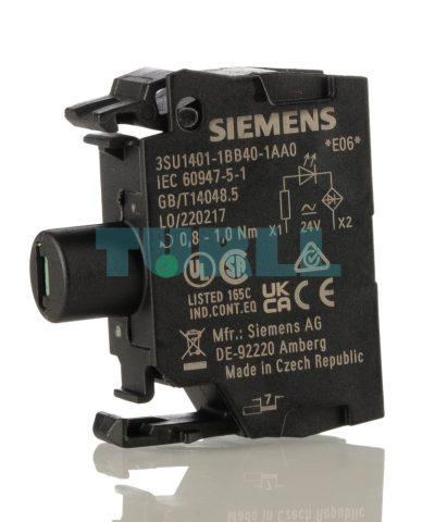 Siemens 3SU1401-1BB40-1AA0 LED Module, 24V AC/DC, Green, Screw Terminal, Front Plate Mounting
