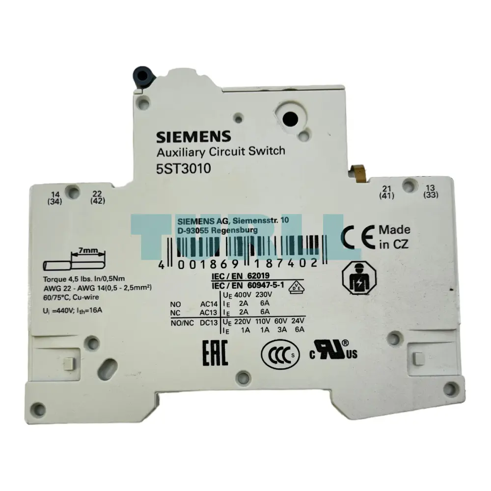 Siemens 5ST3010 Auxiliary Switch, 1 NO + 1 NC for Miniature Circuit Breakers Original Brand New 4 Siemens 5ST3010 Auxiliary Switch, 1 NO + 1 NC for Miniature Circuit Breakers