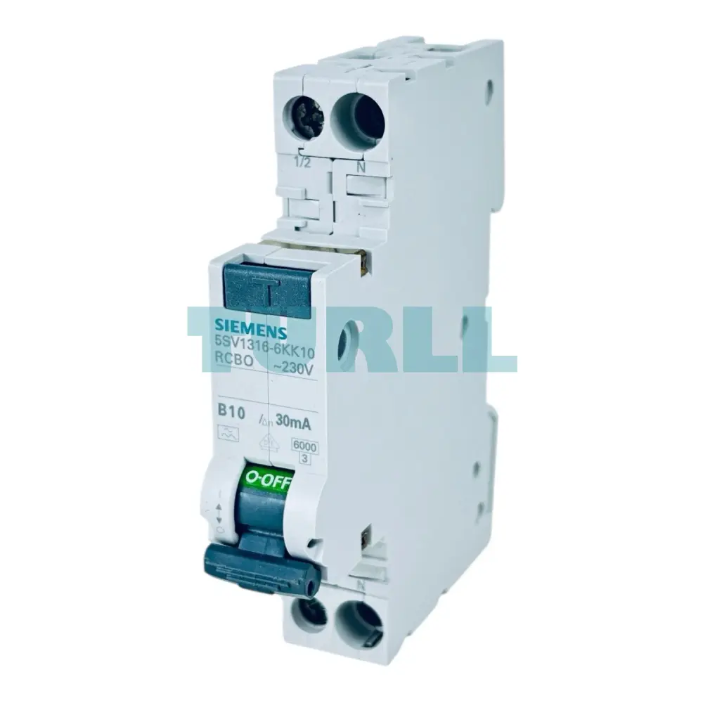 Siemens 5SV1316-6KK10 RCBO Compact, 1 MW, 1-Pole+N, 6 kA, Type A, 30 mA, B10 Original Brand New 1 Siemens 5SV1316-6KK10 RCBO Compact, 1 MW, 1-Pole+N, 6 kA, Type A, 30 mA, B10