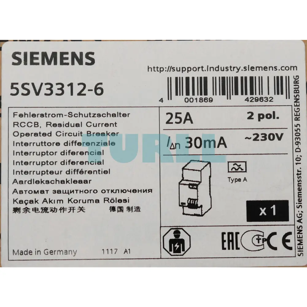 Siemens 5SV3312-6 Residual Current Circuit Breaker, 2-Pole, Type A, 25A, 30mA, 230V Original Brand New 4 Siemens 5SV3312-6 Residual Current Circuit Breaker, 2-Pole, Type A, 25A, 30mA, 230V