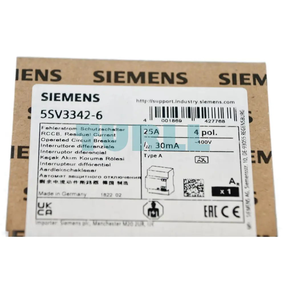 Siemens 5SV3342-6 Residual Current Operated Circuit Breaker (RCCB), 4-Pole, Type A, 25A, 30mA, 400V Original Brand New 5 Siemens 5SV3342-6 Residual Current Operated Circuit Breaker (RCCB), 4-Pole, Type A, 25A, 30mA, 400V