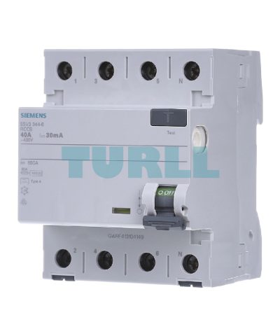Siemens 5SV3344-6 Residual Current Circuit Breaker 4-Pole, Type A, 40A, 30mA, 400V