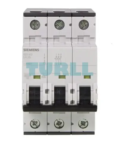 Siemens 5SY4306-7 three-pole circuit breaker, front view with rating markings