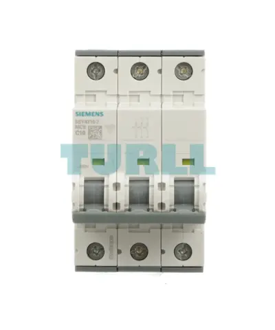 Siemens 5SY4310-7 three-pole circuit breaker, front view with rating markings