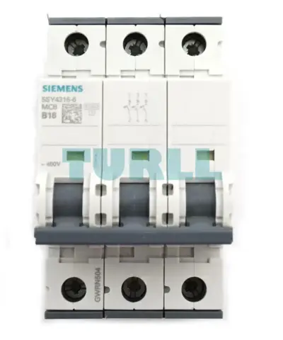 Siemens 5SY4316-6 three-pole circuit breaker, front view with rating markings