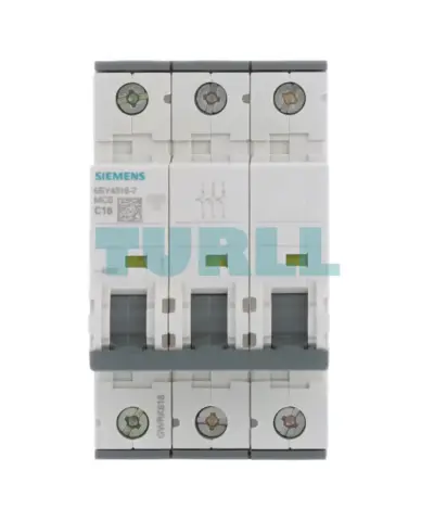 Siemens 5SY4316-7 three-pole circuit breaker, front view with rating markings
