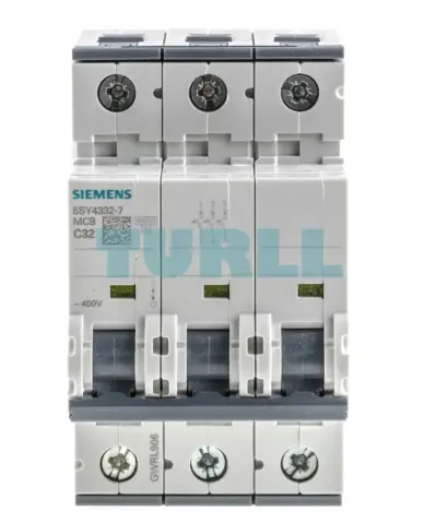Siemens 5SY4332-7 three-pole circuit breaker, front view with rating markings