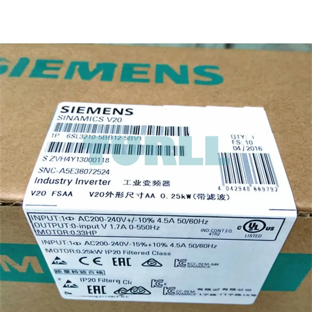 Siemens 6SL3210-5BB12-5BV1 SINAMICS V20, 0.25 kW 1AC Drive, Integrated Filter Original Brand New 4 Siemens 6SL3210-5BB12-5BV1 SINAMICS V20, 0.25 kW 1AC Drive, Integrated Filter