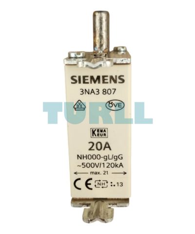 Siemens 3NA3807 LV HRC Fuse Link, NH000, 20A, 500V AC/250V DC, gG Class