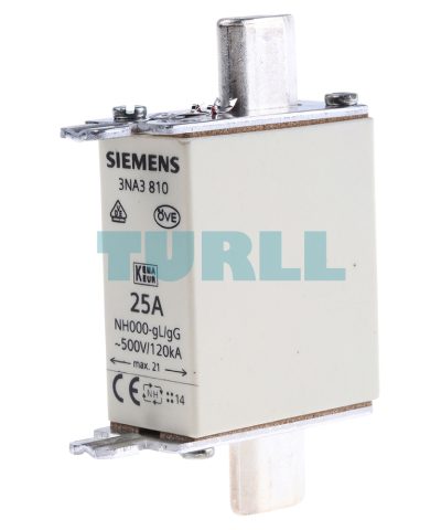 Siemens 3NA3810 LV HRC Fuse Link, Size NH000, 25A, gG Utilization, 500V AC