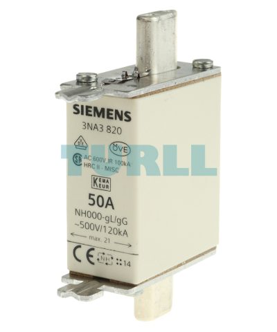 Siemens 3NA3820 LV HRC Fuse Element, Size NH000, 50A, gG, 500V AC / 250V DC