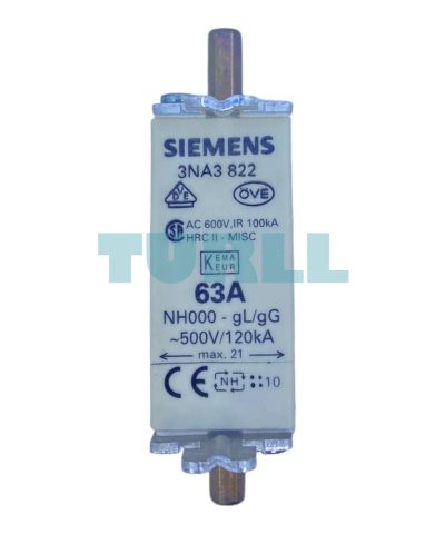 Siemens 3NA3822 LV HRC Fuse Link, Size NH000, 63A, gG, 500V AC / 250V DC