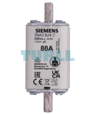Siemens 3NA3824-7 LV HRC Fuse Link, Size NH00, 80A, gG, 500V AC / 250V DC