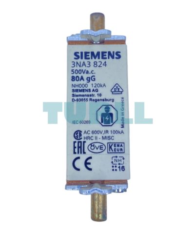 Siemens 3NA3824 LV HRC Fuse Link NH000, 80A, gG, 500V AC / 250V DC