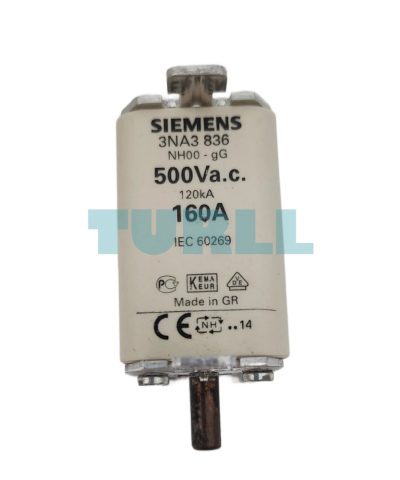 Siemens 3NA3836 LV HRC Fuse Link, Size NH00, 160A, gG, 500V AC / 250V DC