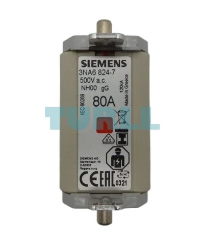 Siemens 3NA6824-7 LV HRC Fuse Link, NH00, 80A, gG, 500V AC / 250V DC