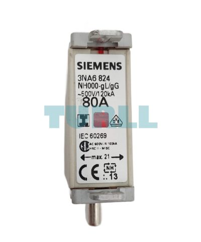 Siemens 3NA6824 LV HRC Fuse Element NH000 80A gG 500V AC / 250V DC with Indicator
