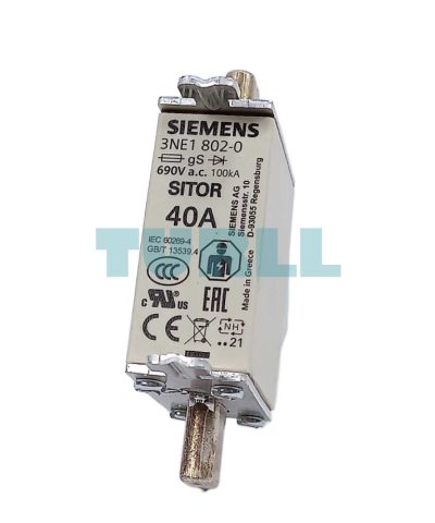 Siemens 3NE1802-0 SITOR Fuse Link, NH000, 40A, gS Class, 690V AC / 250V DC