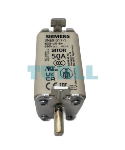 Siemens 3NE8017-1 SITOR Fuse Link, NH00, 50A, gR, 690V AC / 440V DC, Front Indicator