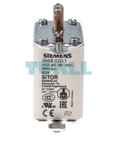 Siemens 3NE8020-1 SITOR Fuse Link NH00, 80A, AC 690V / DC 440V, Front Indicator