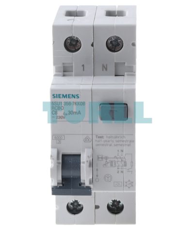 Siemens 5SU1356-7KK06 RCBO, 1P+N, 6kA, 6A, 30mA, Type A, C-Characteristic