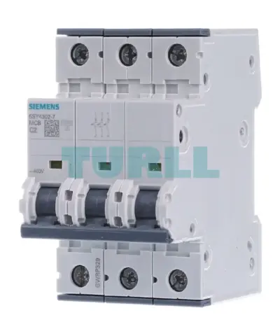 Siemens 5SY4302-7 three-pole circuit breaker, angled product view