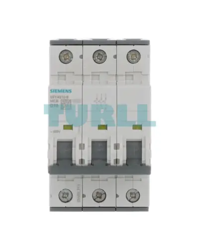 Siemens 5SY4310-8 three-pole circuit breaker, front view with rating markings