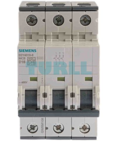 Siemens 5SY4316-8 Miniature Circuit Breaker 3-Pole, 16A, 10kA, 400V, Type D