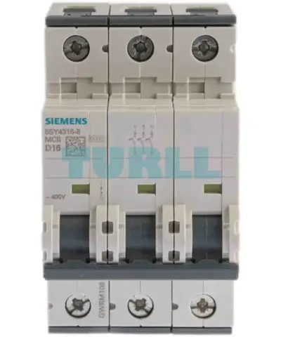 Siemens 5SY4316-8 three-pole circuit breaker, front view with rating markings
