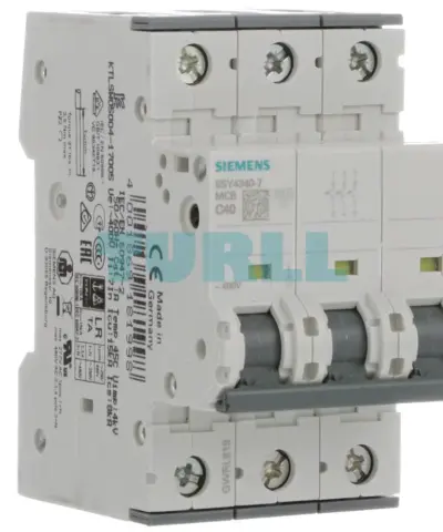 Siemens 5SY4340-7 three-pole circuit breaker, angled product view
