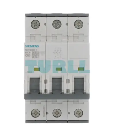 Siemens 5SY4350-7 three-pole circuit breaker, front view with rating markings