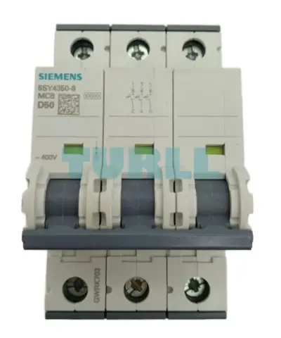 Siemens 5SY4350-8 three-pole circuit breaker, front view with rating markings