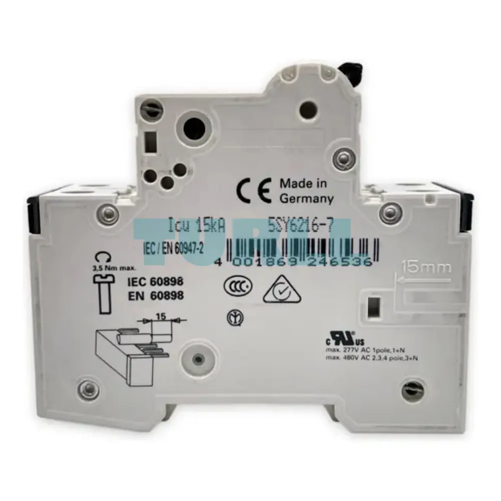 Siemens 5SY6216-7 Miniature Circuit Breaker 2-Pole, C Curve, 16A, 6kA, 400V